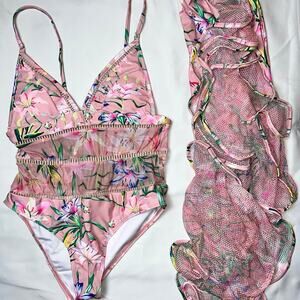 Pink floral mesh bikini set